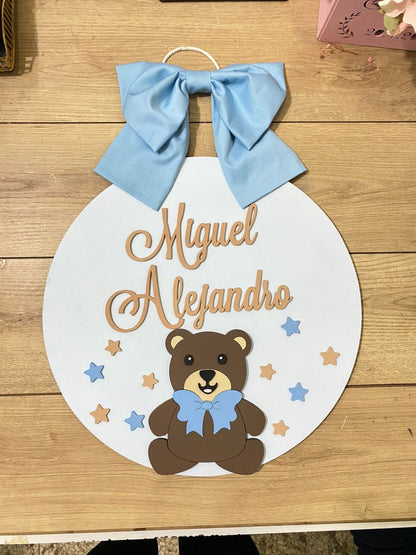 Safari nursery decor Blue Bow Bear Baby Boy Above Crib hanger - Felt Craft RD