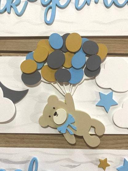 Safari nursery decor Blue brown Bear Balloons Baby Boy Wall Hanging - Felt Craft RD