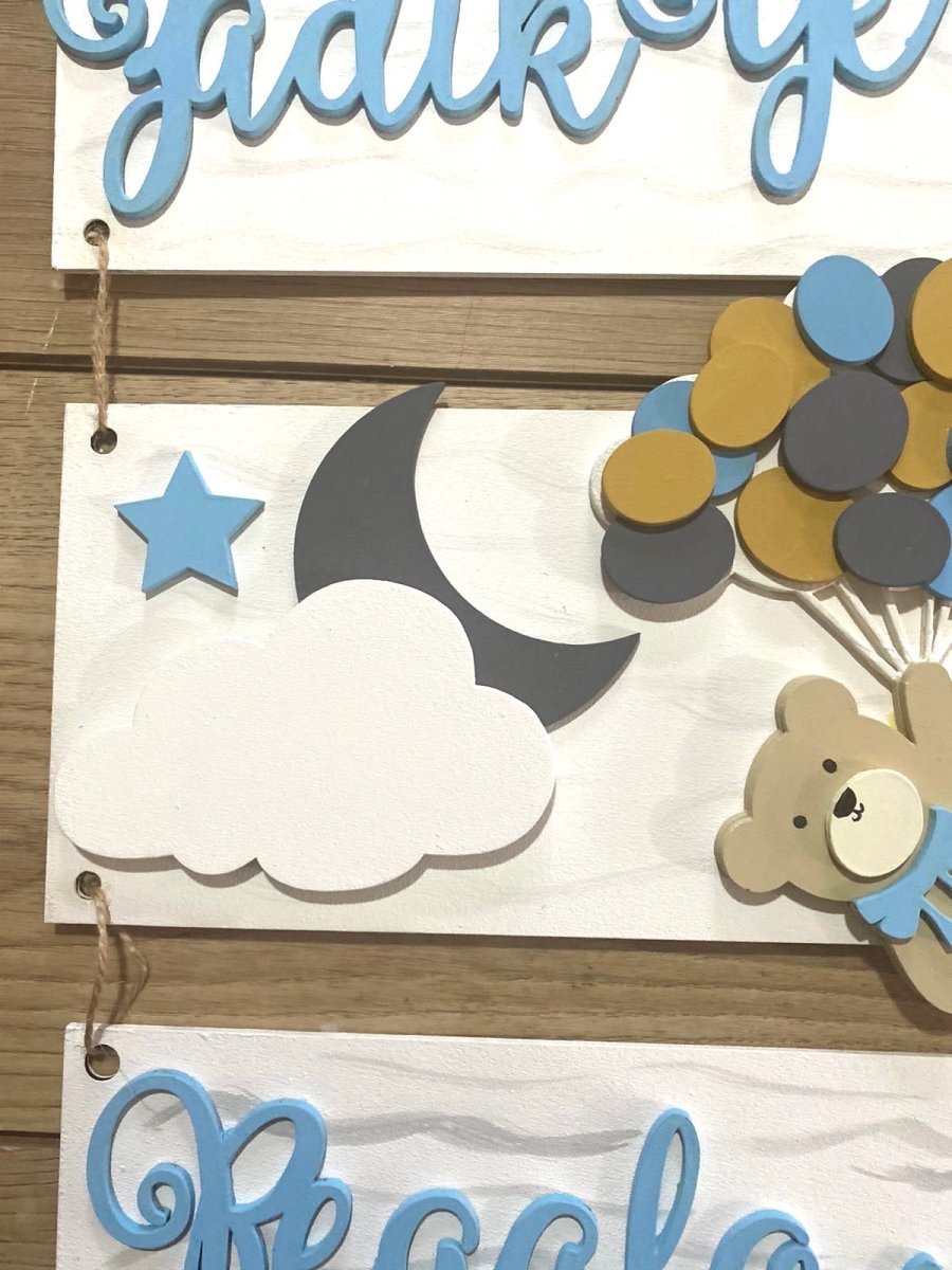 Safari nursery decor Blue brown Bear Balloons Baby Boy Wall Hanging - Felt Craft RD