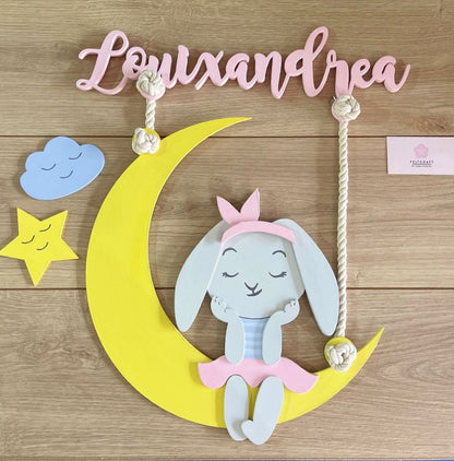 Safari nursery decor Bunny in the Moon Baby Girl Wall Hanging - Felt Craft RD