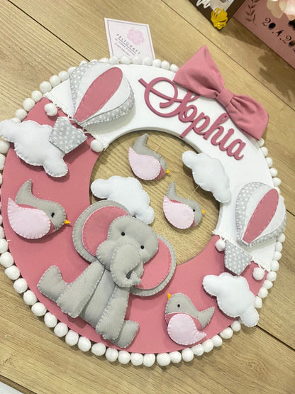 Safari nursery decor Elephant Hot Air Balloon Pink Hospital door hanger - Felt Craft RD