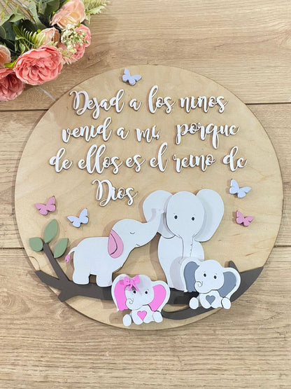 Safari nursery decor Elephant wooden Bottom family Baby Boy Wall Hanging - Felt Craft RD