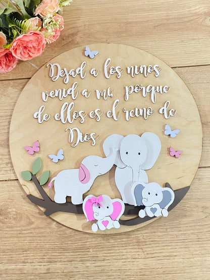 Safari nursery decor Elephant wooden Bottom family Baby Boy Wall Hanging - Felt Craft RD