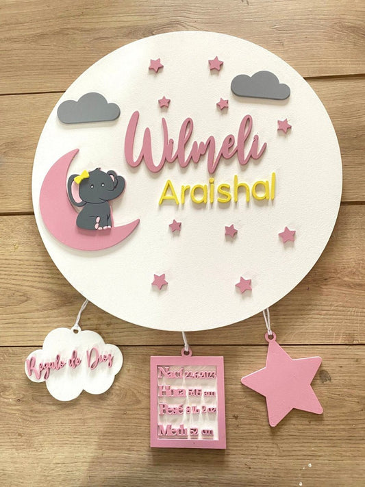 Safari nursery decor Moon Baby Elephants Baby Girl Wall Hanging - Felt Craft RD