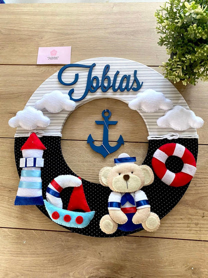 Safari nursery decor Osito Nautico en tela y fieltro Baby Boy Wall Hanging - Felt Craft RD