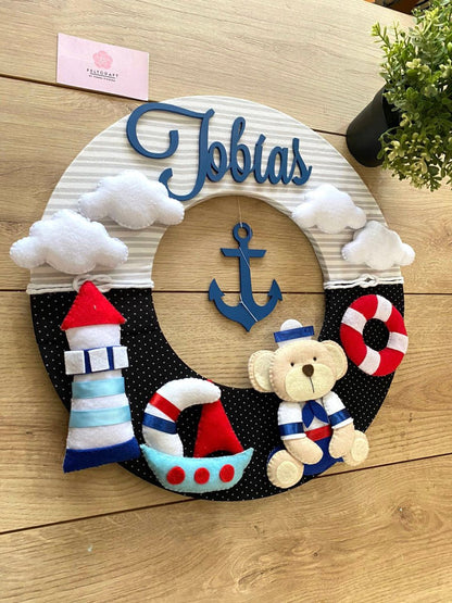 Safari nursery decor Osito Nautico en tela y fieltro Baby Boy Wall Hanging - Felt Craft RD