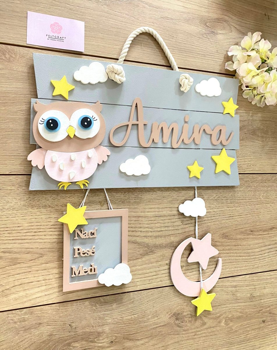 Safari nursery decor Owl Stars Baby Girl Wall Hanging - Felt Craft RD