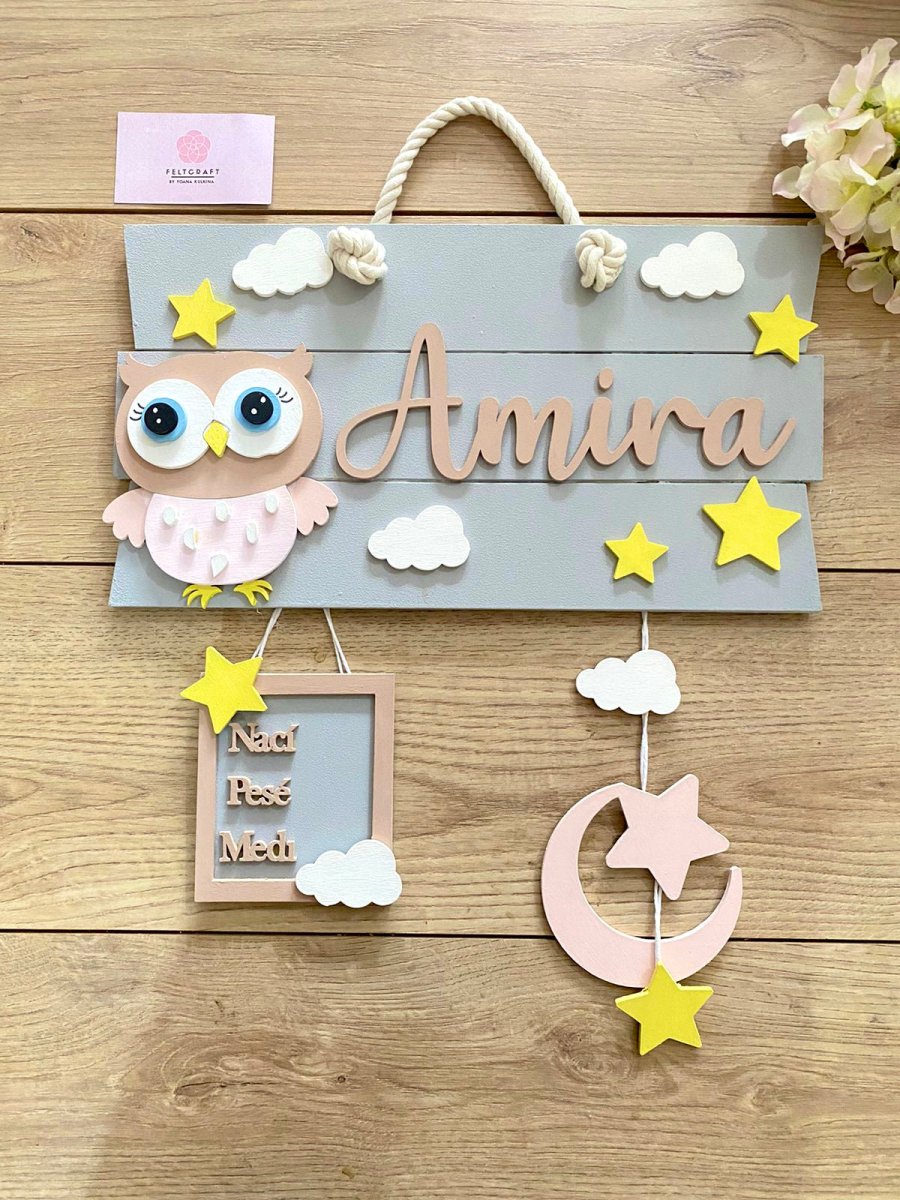 Safari nursery decor Owl Stars Baby Girl Wall Hanging - Felt Craft RD