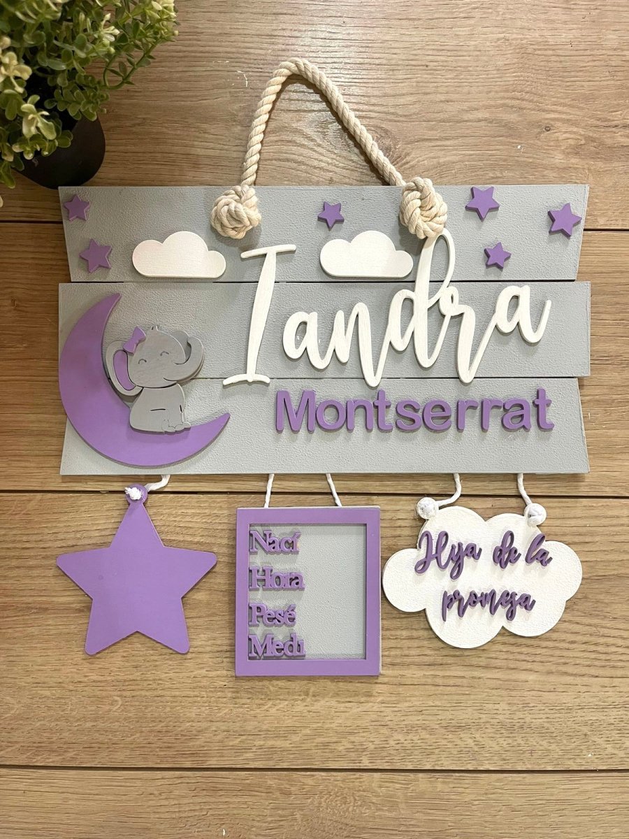 Safari nursery decor Purple Baby Elephant Stars Catcher Baby Girl Wall Hanging - Felt Craft RD