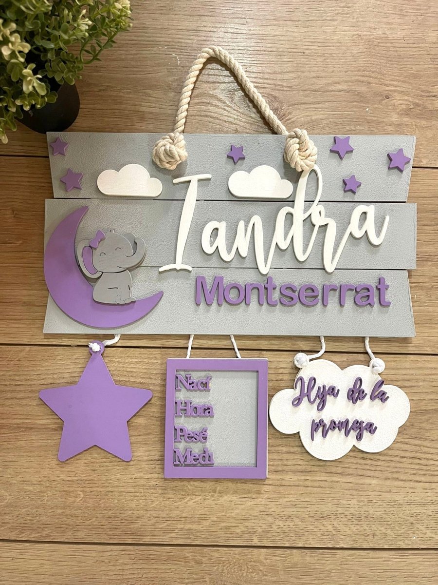 Safari nursery decor Purple Baby Elephant Stars Catcher Baby Girl Wall Hanging - Felt Craft RD