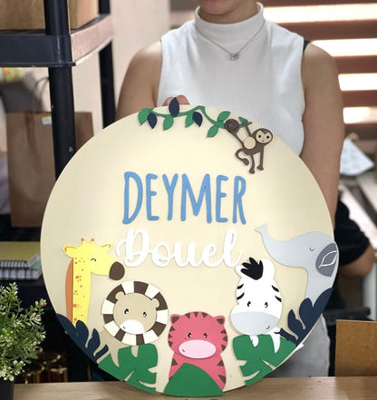 Safari pink pig Gray Bottom Safari Baby Boy Wall Hanging - Felt Craft RD