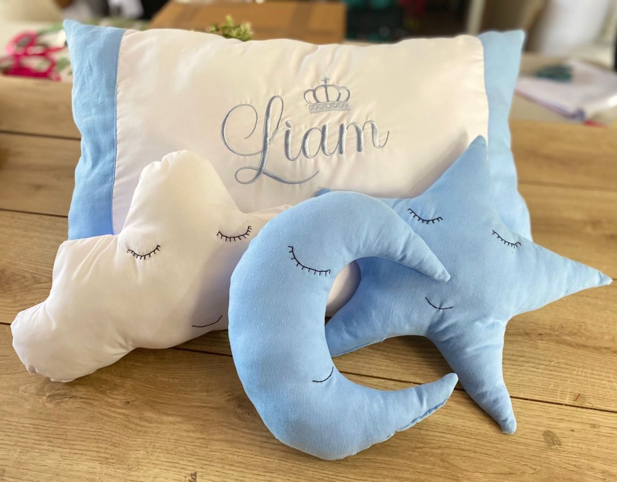 Set de almohadas con forma de nube luna y estrella con bordado personalizadas para niño - Felt Craft RD