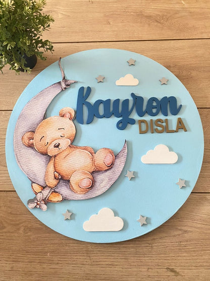 Sleepy Bear in the moon Baby boy Wall Hanging - Felt Craft RD