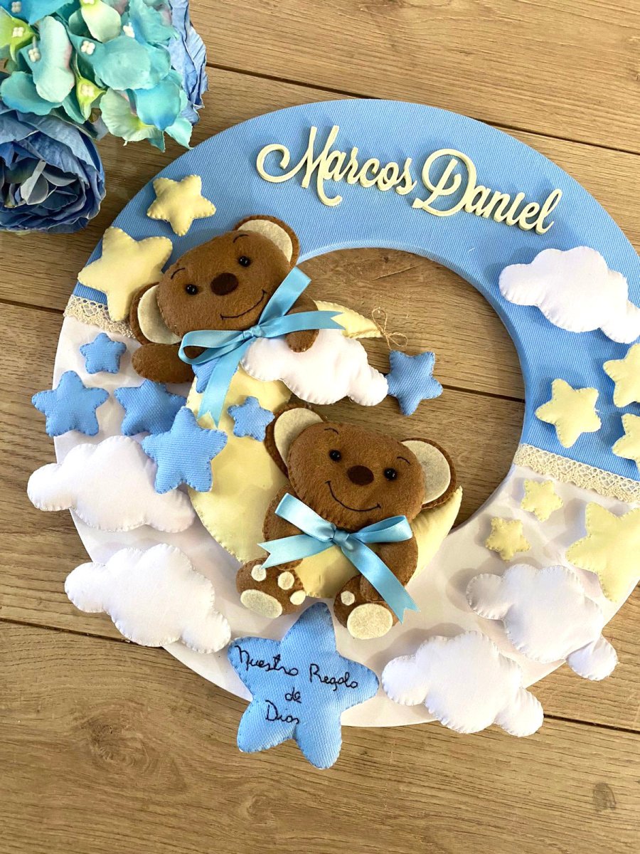 Twins Bears Wool Felt Baby Boy Hanger - Felt Craft RD