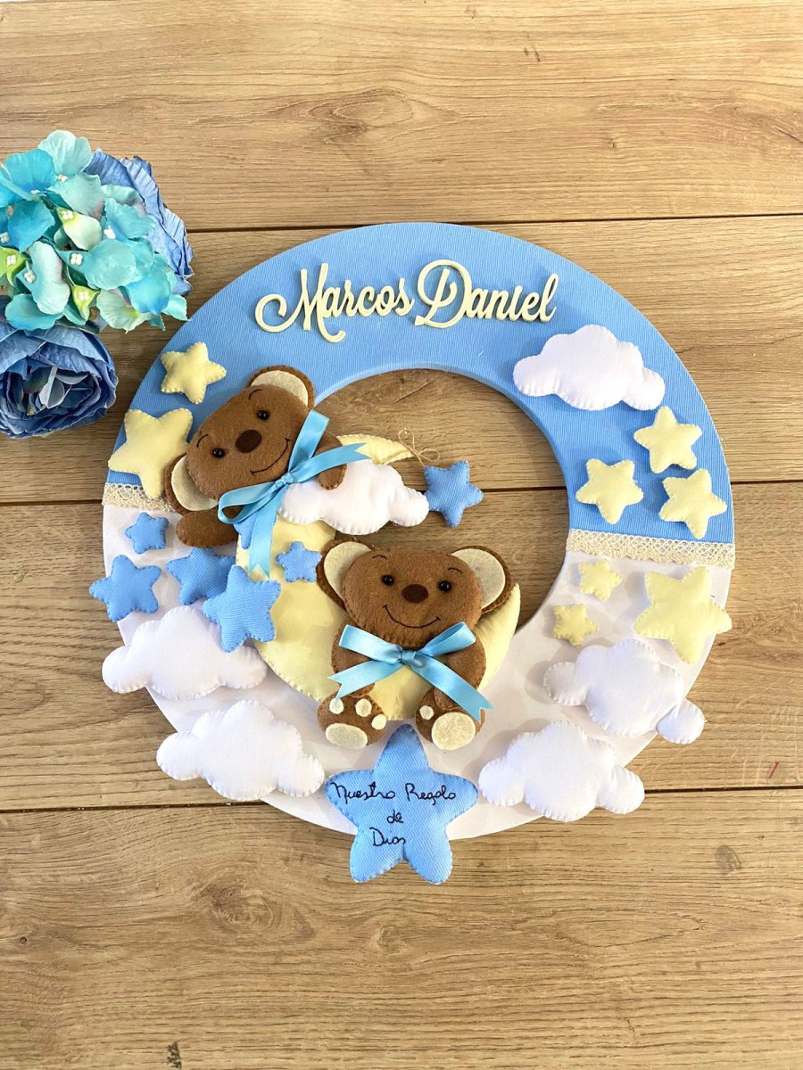 Twins Bears Wool Felt Baby Boy Hanger - Felt Craft RD
