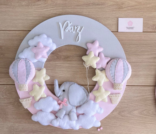 Pink Elephant Baby Boy Wall Hanging Safari nursery decor - Felt Craft RD