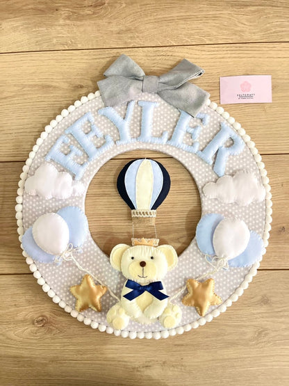 Safari nursery decor Mini Bear on Balloons Baby Boy Wall Hanging - Felt Craft RD