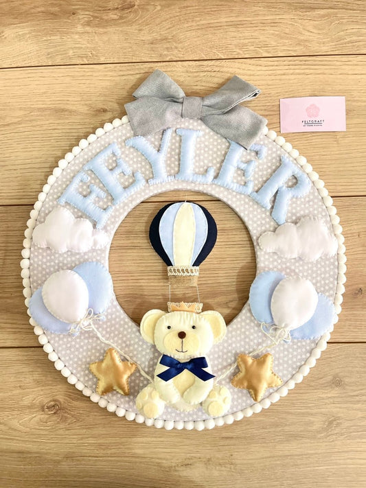 Safari nursery decor Mini Bear on Balloons Baby Boy Wall Hanging - Felt Craft RD