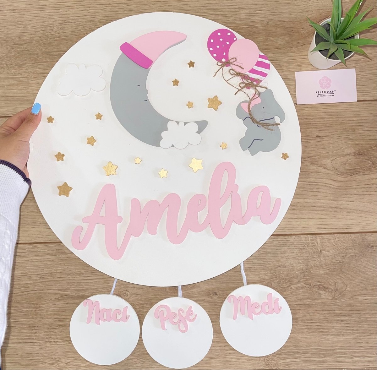 Safari nursery decor Moon and Elephant in the balloons Baby Girl Wall Hanging - Felt Craft RD