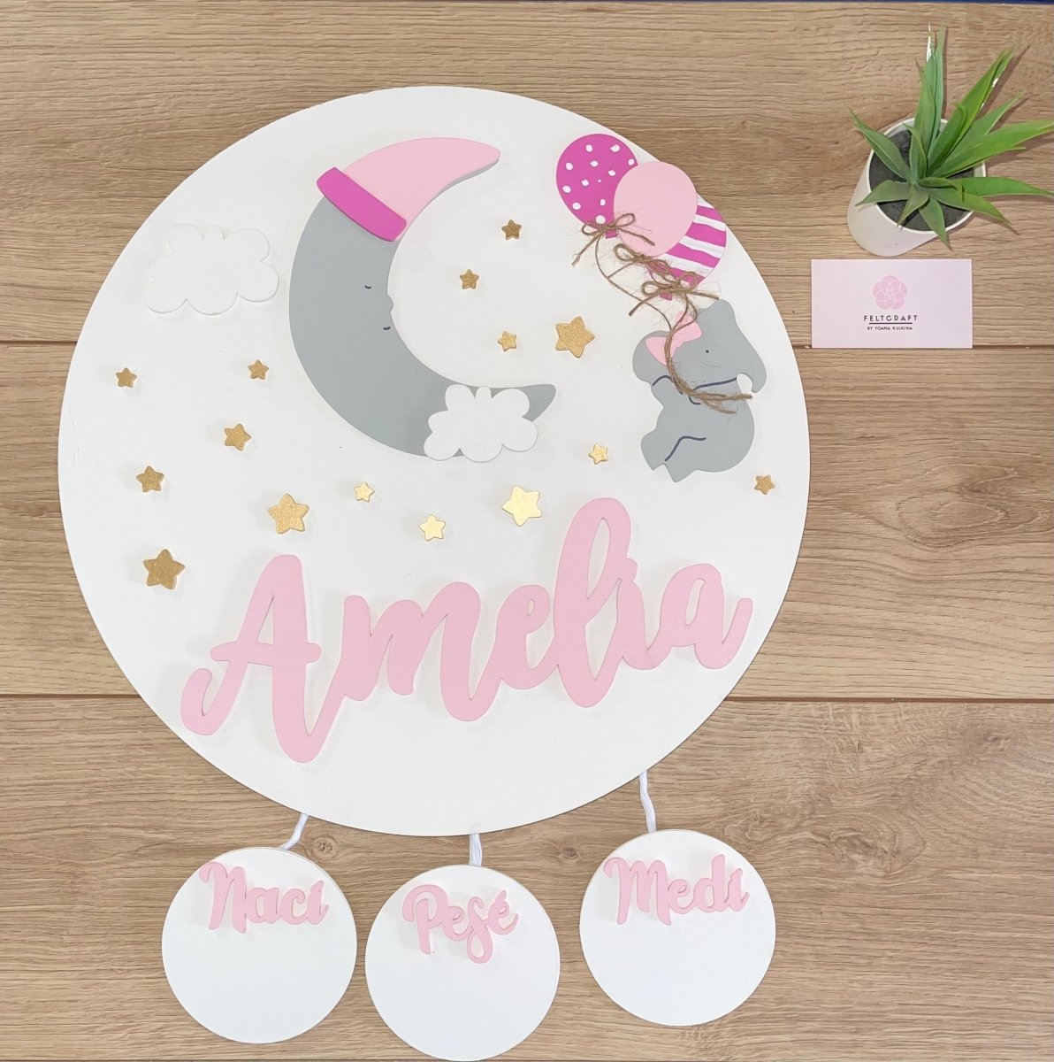 Safari nursery decor Moon and Elephant in the balloons Baby Girl Wall Hanging - Felt Craft RD