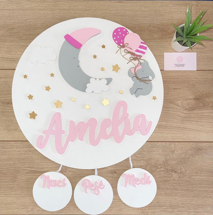 Safari nursery decor Moon and Elephant in the balloons Baby Girl Wall Hanging - Felt Craft RD