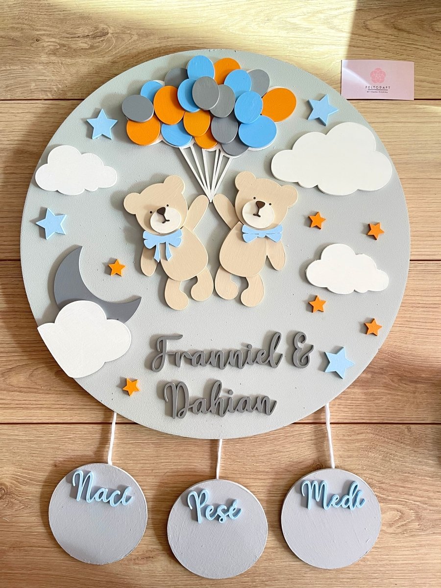 Twins Bears on Globes Baby Boy Wall Hanging - Felt Craft RD