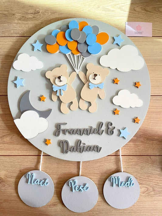 Twins Bears on Globes Baby Boy Wall Hanging - Felt Craft RD