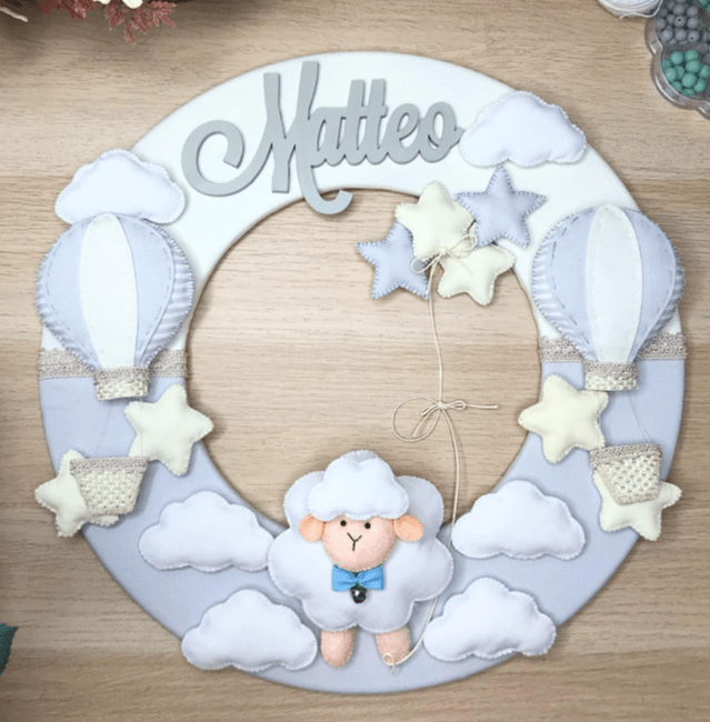 White sheep, stars and clouds Baby Boy Wall Hanging - Felt Craft RD